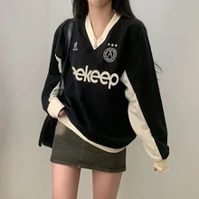 Letter Print American Casual Hoodie Women Loose V-neck Contrast Color All-Match Pullover Baseball Top