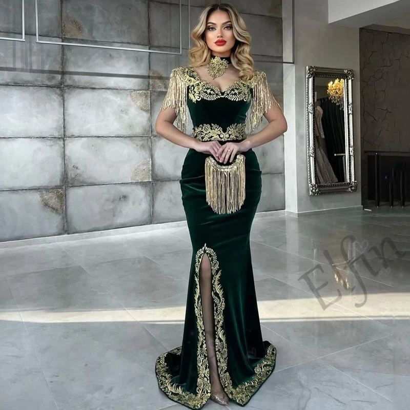 

Elfin Velour Evening Dresses Vinatge Appliques Tassel Robe De Soiree Mermaid Sleeveless V Collar Vestidos De Noche Saudi Arabia
