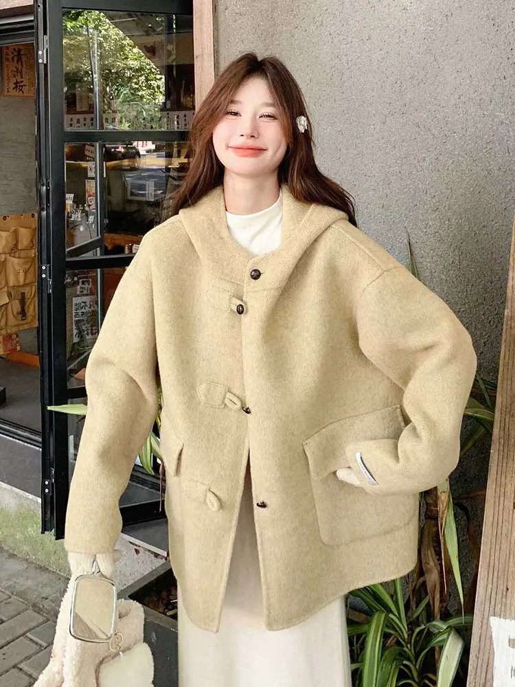 Двустороннее кашемировое пальто с капюшоном для женщин осень 2024 новая корейская