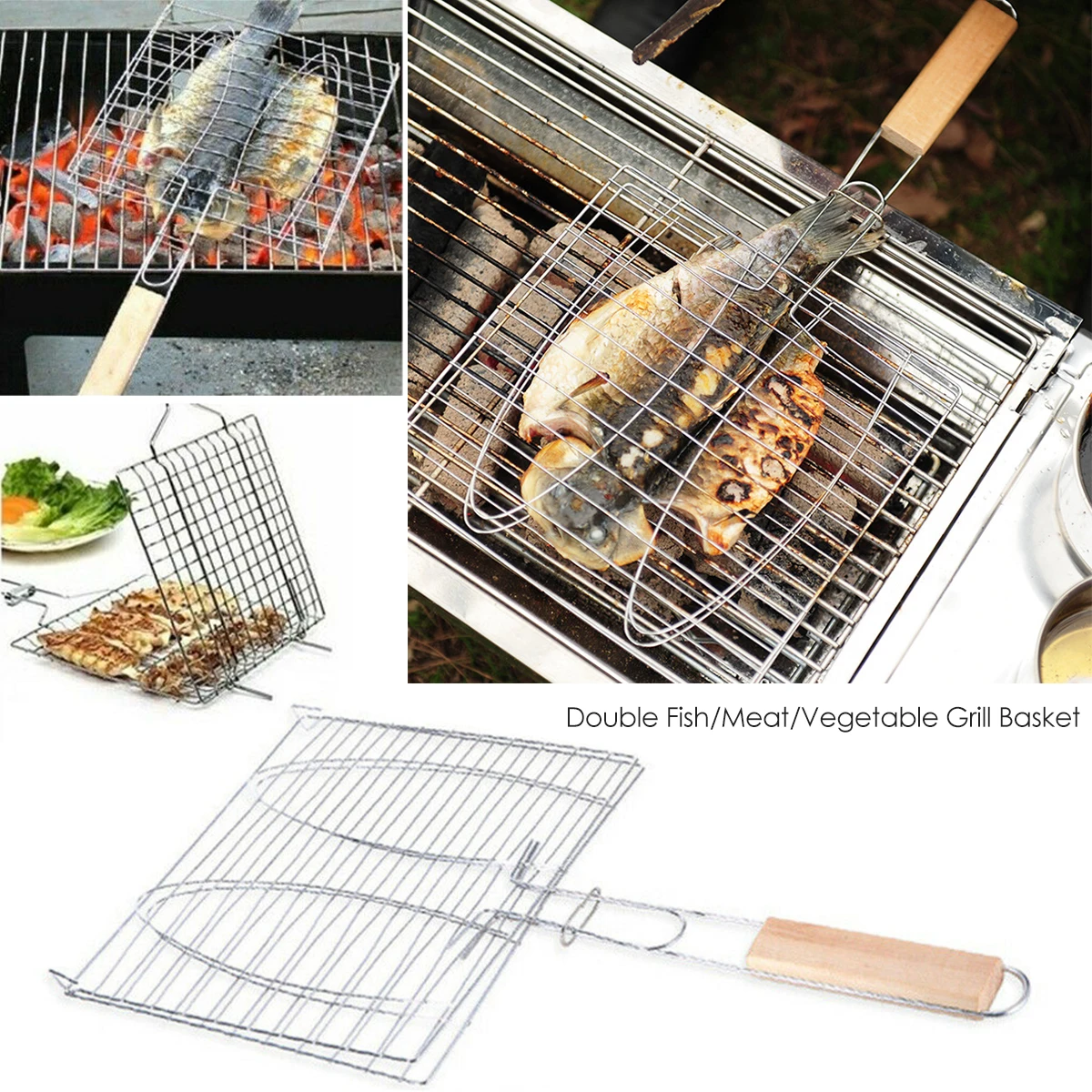 

BBQ Long Handle Non-Stick Grilling Basket Grill Mesh Fish Meat Vegetable Steak Picnic Barbecue Tool Heat Resistant Grill Sheet