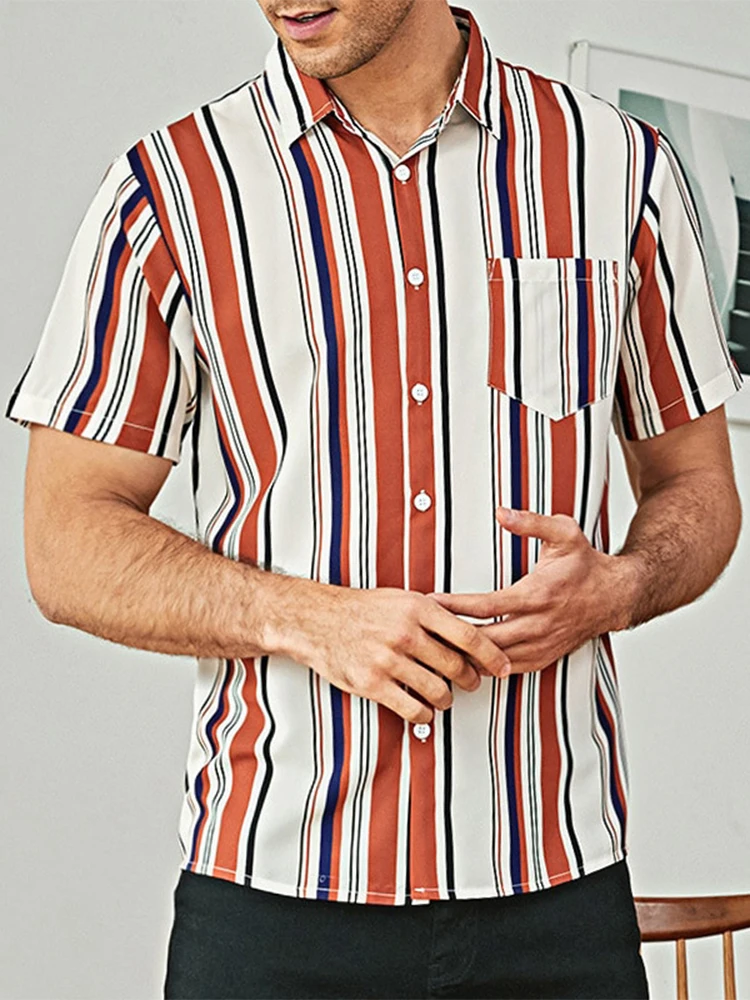 

Fashion Striped Printed Mens Shirt 2022 Turn-down Collar Pullover Tops Men Summer Short Sleeve Button-up Casual Shirts Clothes