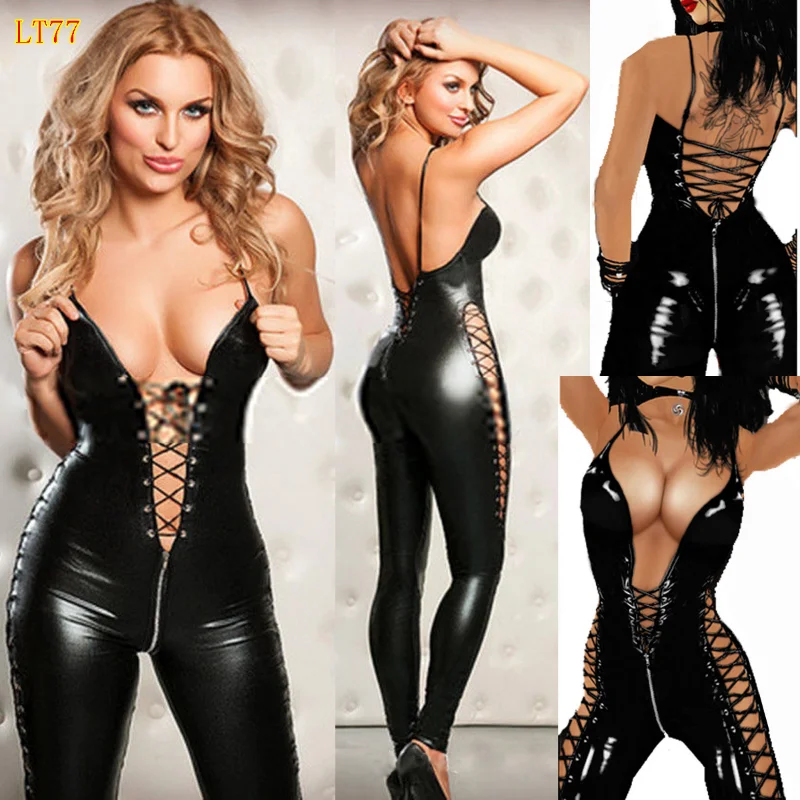 

Black Patent Leather Fun Jumpsuit Wearing Rope Zipper Open Crotch Fun Underwear