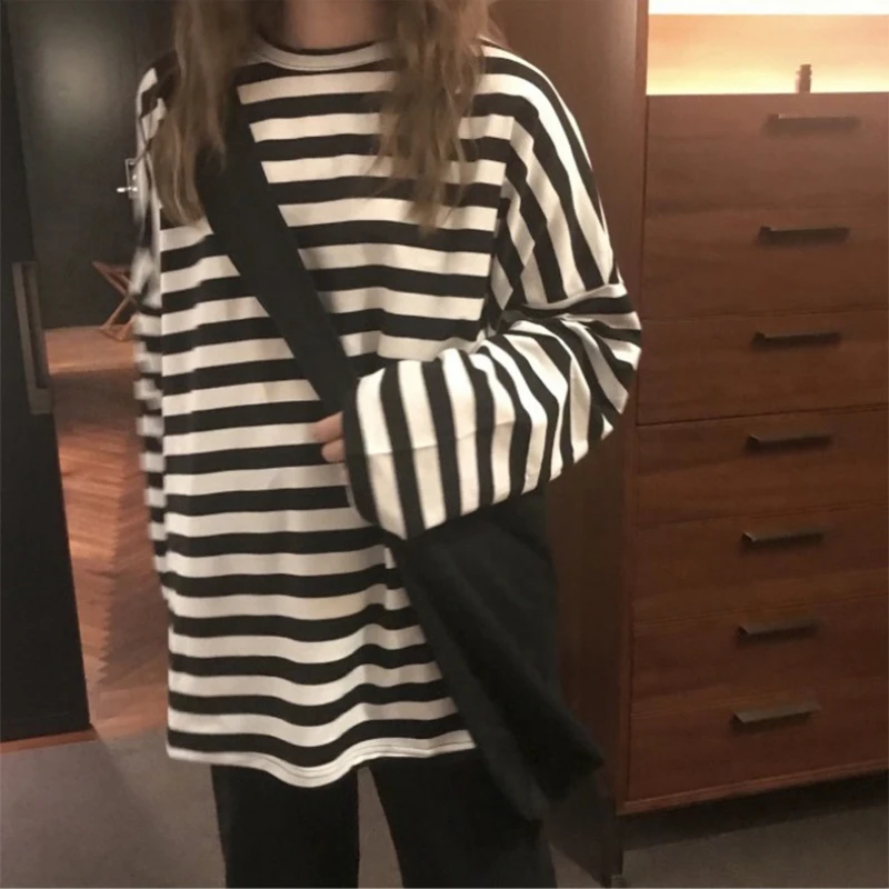 

Femme Black Tops Spring Autumn Women Harajuku Striped Tshirt Long Sleeve O-Neck T-Shirts Ulzzang Korean Casual T Shirt Vintage