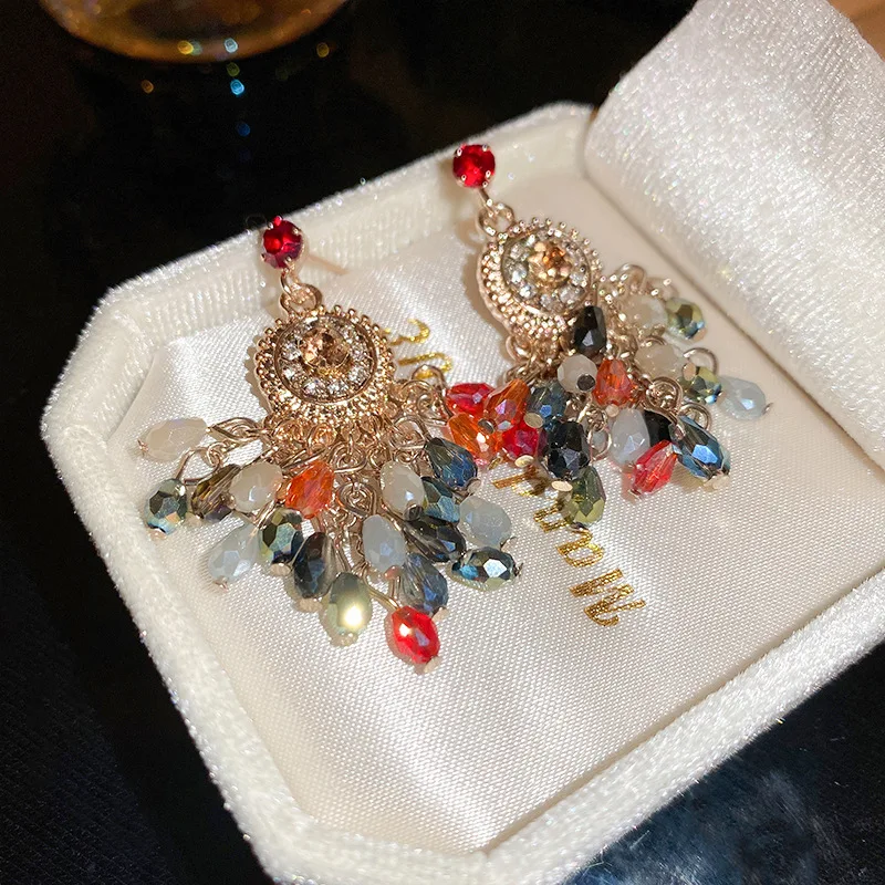 Серебряные гвоздик со стразами-Инкрустированные цветы серьги с кисточками и