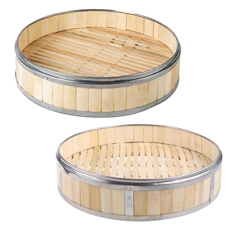 

Bamboo Food Steamer with Stainless Steel Banding No Lid Bun Steaming Basket Dumplings Dim Sum Cage Cooker Kitchen Gadget