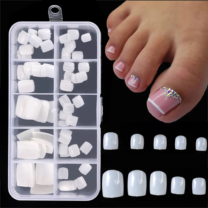 100pcs Square False Toe Nails Natural White Clear Full Cover Artificial Fake Toenail Acrylic Foot Nail Art Tips Manicure Tools