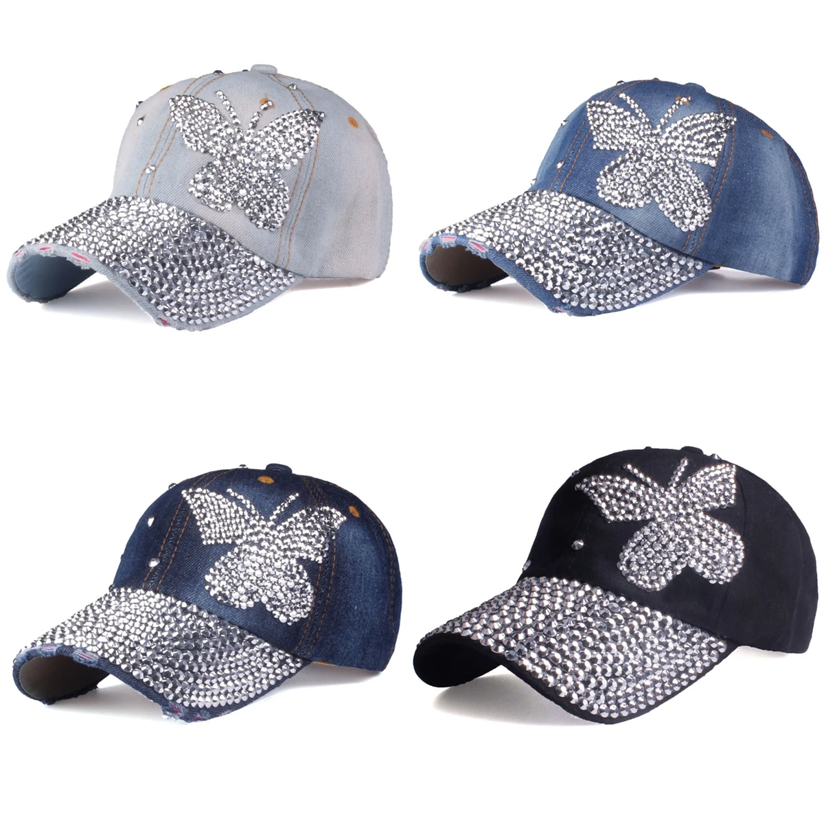 

Butterfly Rhinestone Studded Adjustable Baseball Cap Summer Snapback Sun Hat