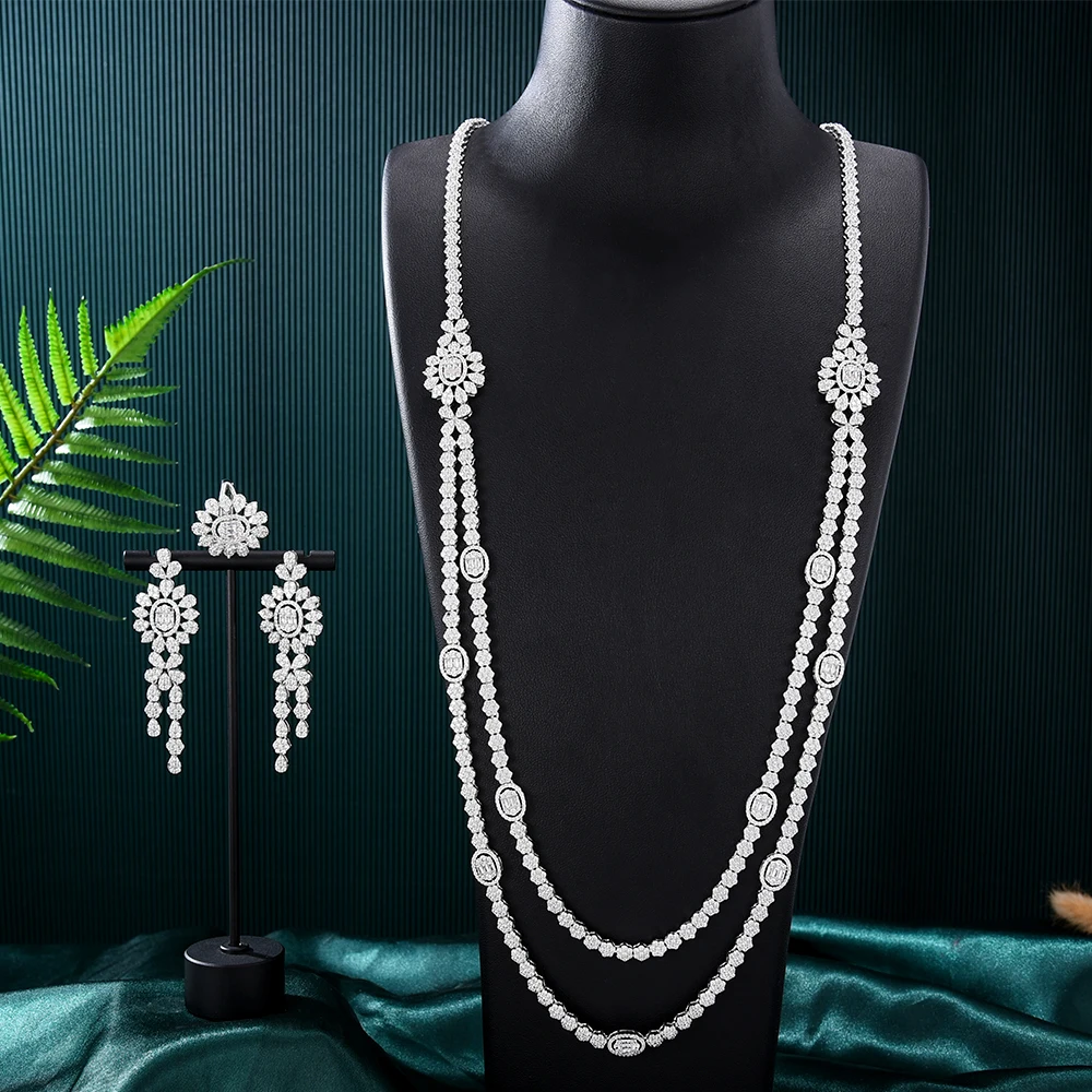 

Jimbora блестящие Роскошные Длинные двухслойные ожерелье серьги кольцо Ювелирные наборы для женщин невест Свадебные украшения Принцесса