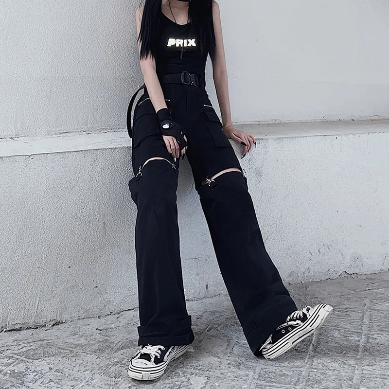 

Black Overalls Women's Pants 2022 Spring High Waist Wide Leg Pants Girl Design Splicing Punk Gothic Loose Casual Pants