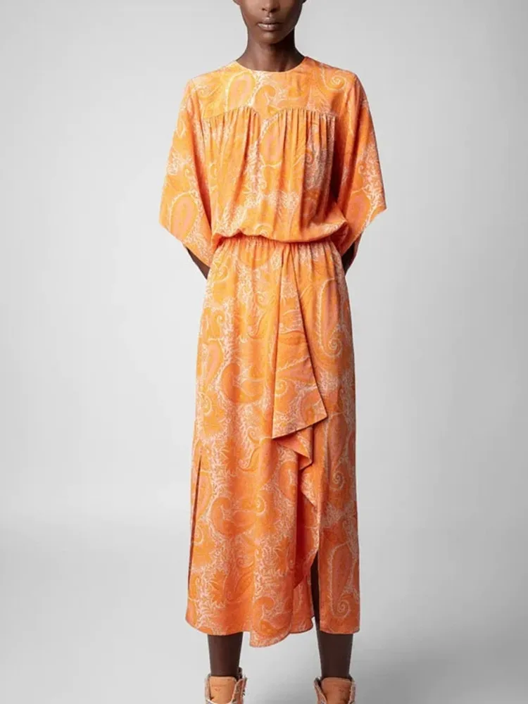 Women Dress 2023 Summer 100% Silk O-neck Elastic Waist Ruffles Fashion Female Mid-calf Robe Dress + Shirt