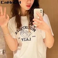 cnhnoh 2022 new cotton short sleeved t shirt womens printed round neck loose half sleeved top shirt womens ins tide