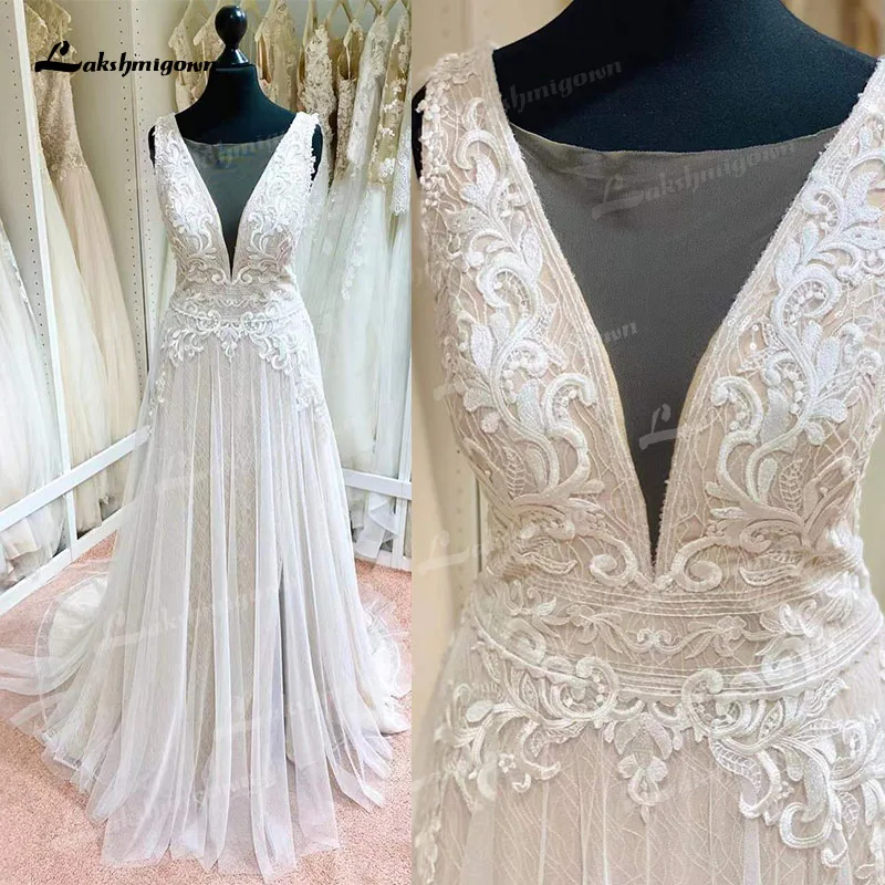

Vestido Civil A Line Beach Tank Wedding Dress Deep V Neck Backless Lace Appliques Split Side Bridal Gowns Vestidos lakshmigown