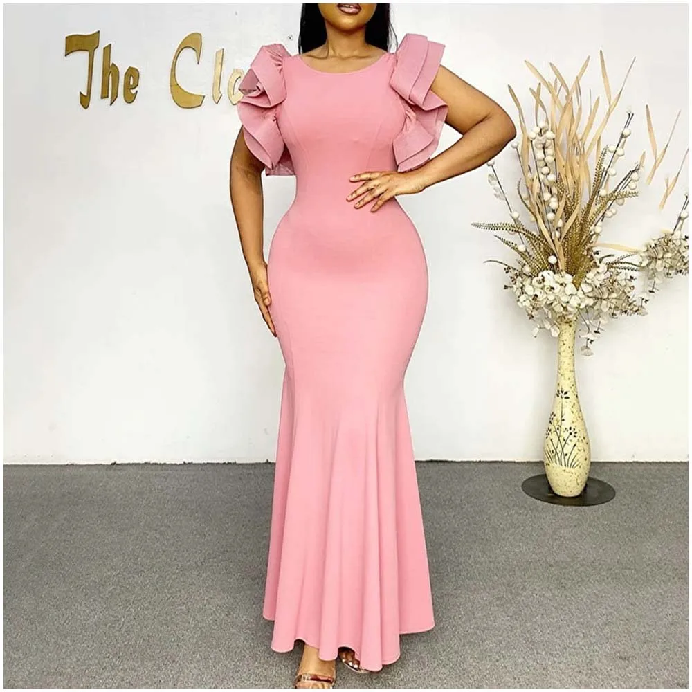 

Elegant Summer Dresses Woman 2022 Solid Color Lotus Leaf Sleeve Mermaid Pose Formal Occasion Dress Event Party Clothing