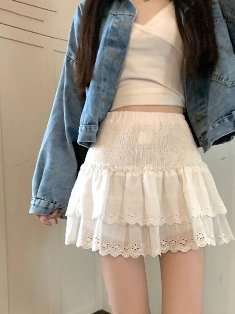 

Юбка женская кружевная трапециевидная с высокой талией и оборками