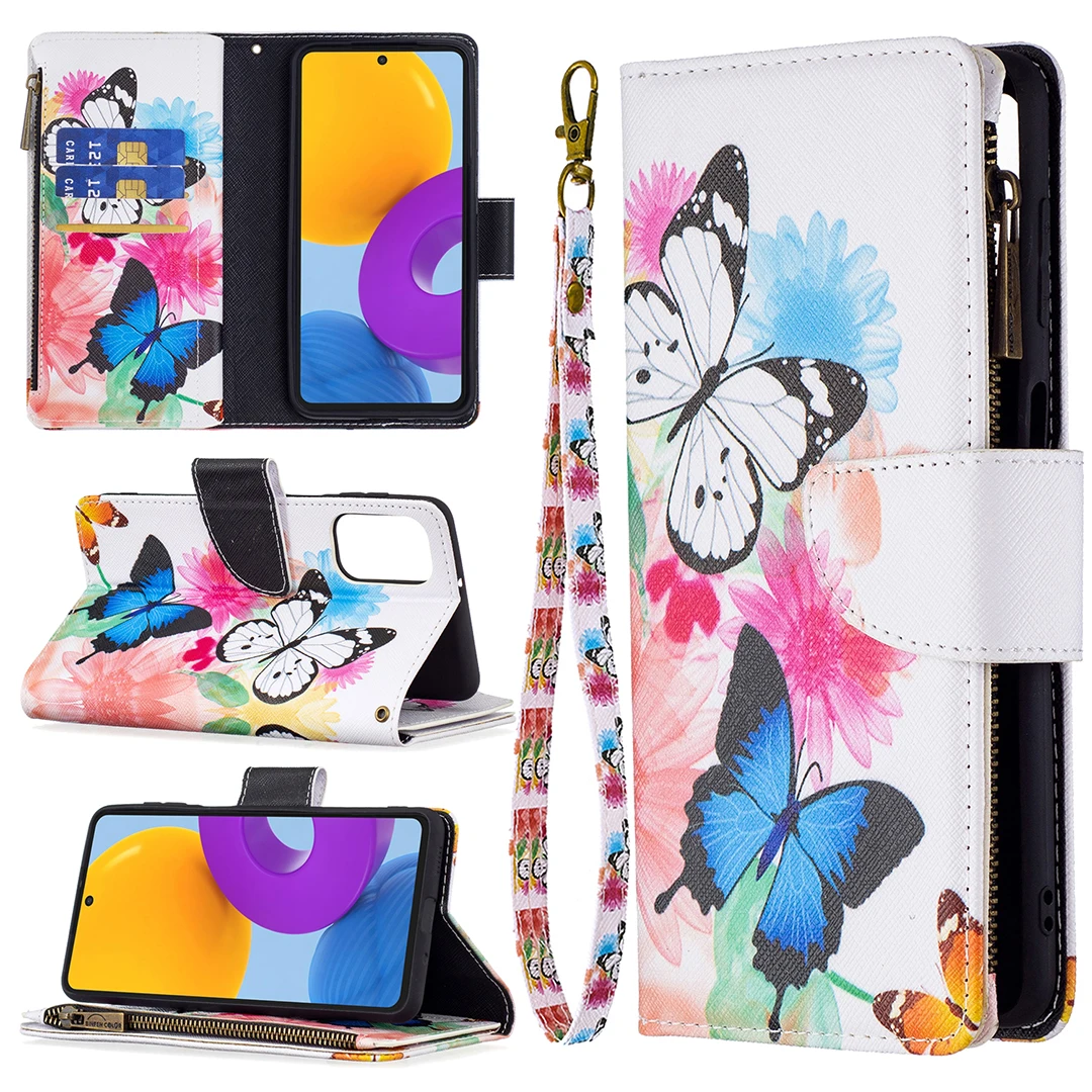 Zipper Multi-card Slot Flip Case for Samsung Galaxy M52 5G Leather Wallet Bags Cover on For Samsung M32 M02 M11 M10 Painted Capa