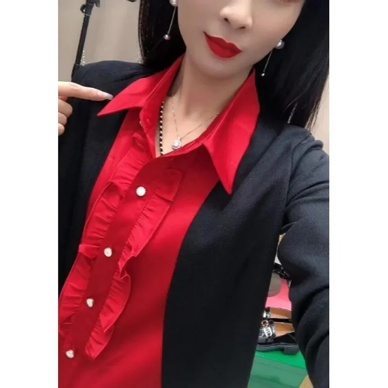 Весенне-осенний женский модный лоскутный топ элитная женская свободная рубашка