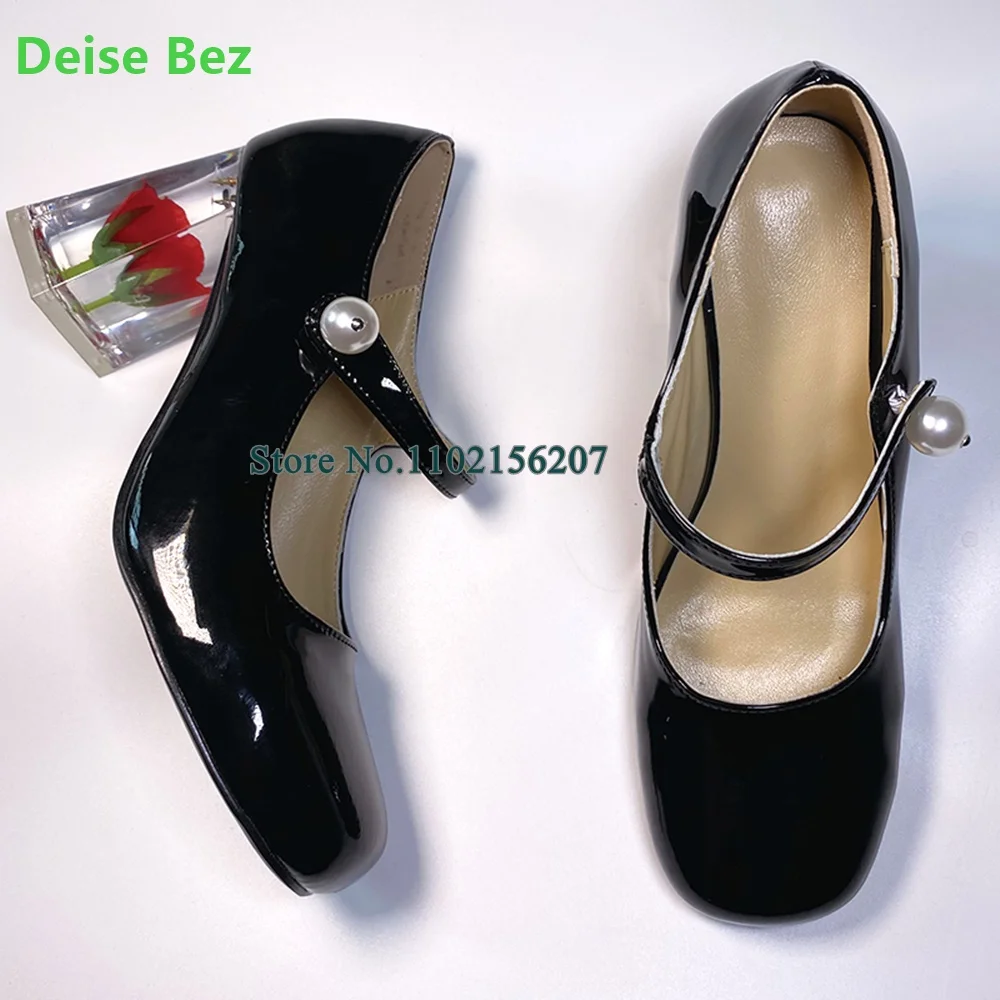 Transparent Red Rose Flower Square Heel Pumps For Female Women Round Toe Patent Leather Ankle Strap Elegant Solid Shallow Shoes