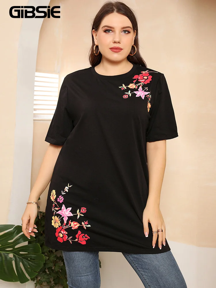 

GIBSIE Plus Size Floral Print Vintage O-Neck T Shirt Women Summer Short Sleeve Tee Shirt xxxl 4xl Women Casual Long Tops 2022