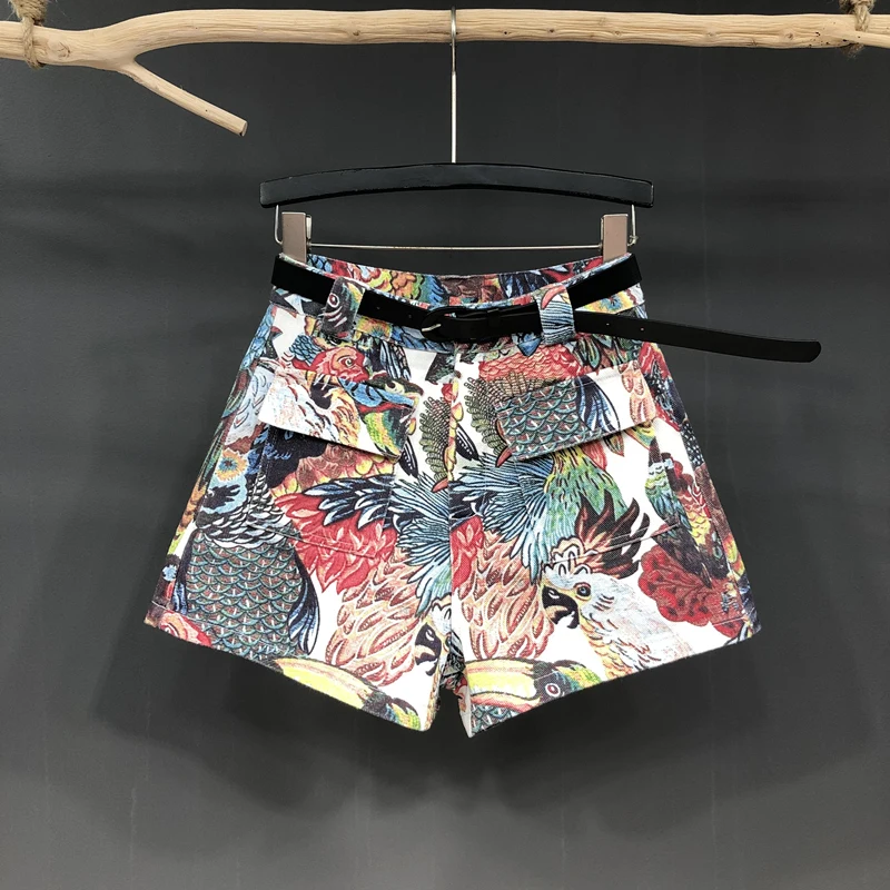 

Flying Bird Printing Ladies Denim Shorts 2022 New Summer Fashion Patch Pocket High Waist A-line Wide Leg Hot Jean Shorts Street