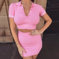 2 piece summer shorts set ladies knitted sweater striped lapel sexy tight mini skirt set fashionable pink womens clothing
