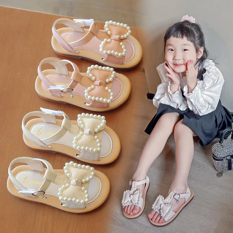 

Toddler Baby Girls Korean Version Soft Beaded Bowtie Sandals 2022 Summer 1 To 7 Years Children's Sweet Princess Dress Beach Shoe
