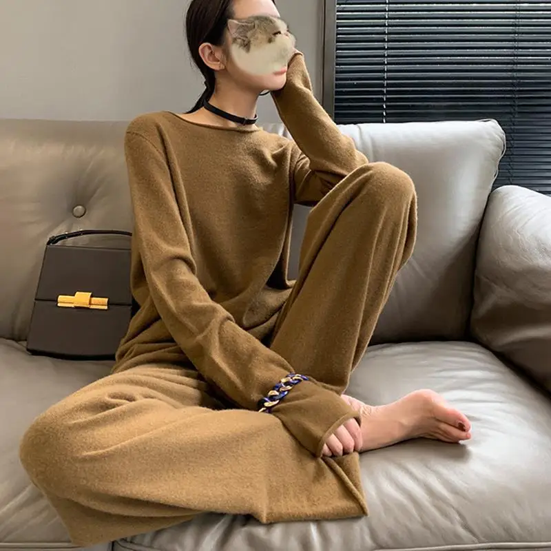 

2022 Autumn Winter New Suit Women's Knitted Sweater Wide Leg Pants Two Piece Fashion Casual Show Thin Lazy Sets