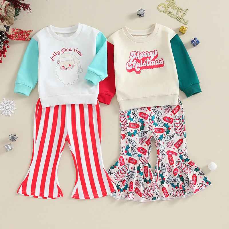 

Toddler Girl Clothes Fall Letter Print Christmas Sweatshirt Cartoon Pattern Flare Pants Children Xmas Cotton Outfit Clothing