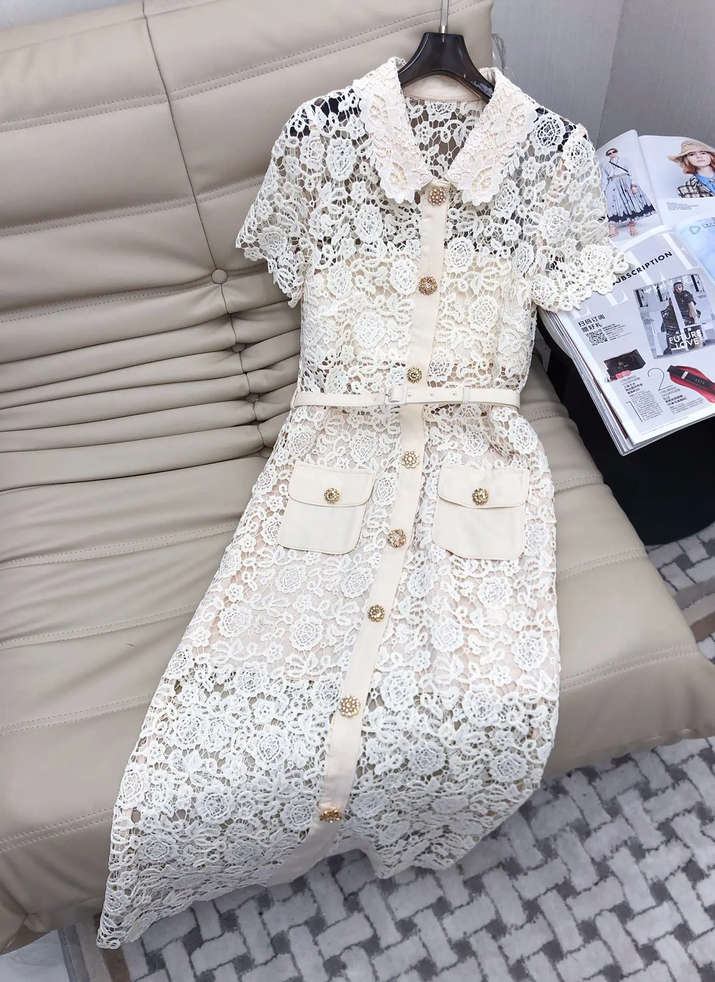 Celebrity women elegant floral lace embroidery hollow out slim long dresses single breasted buttons belt short sleeve dress