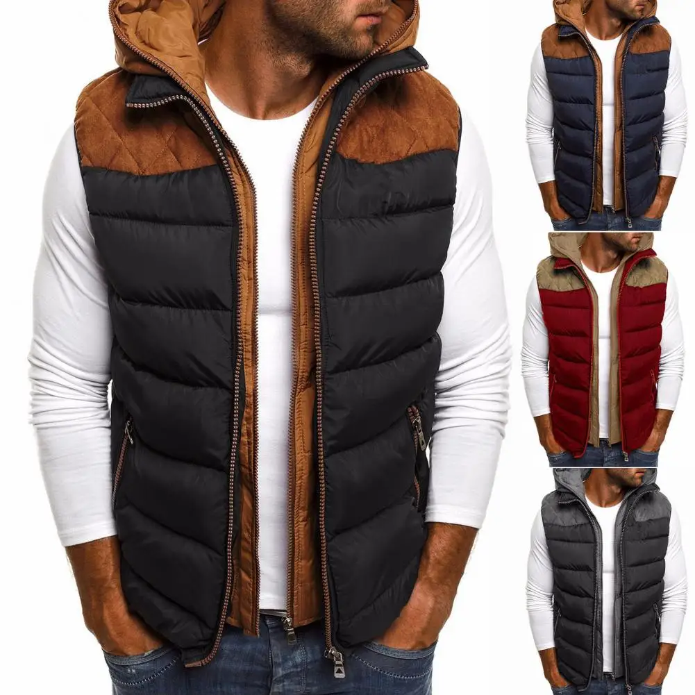 

Anti-freeze Double Zipper Fake Winter Vest Fake Two Pieces Color Contrast Hooded Vest Coat Casual Cardigan Down Waistcoat