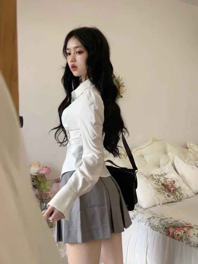 Y2K Белая блузка женская корейская мода сексуальная тонкая туника с длинным