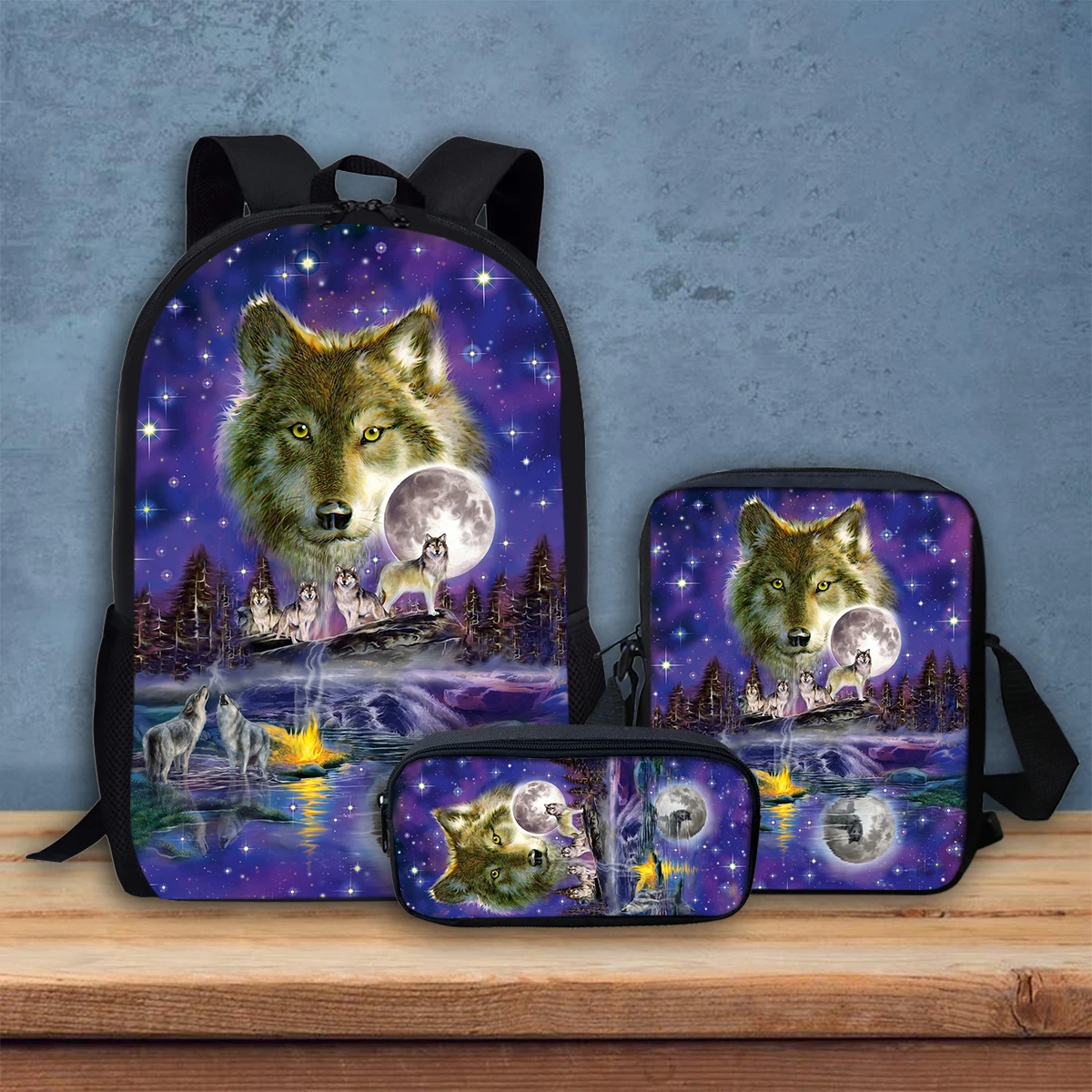 Classic Wolf Printed Student Bag Back to School Teen 3Pcs/Set  Crossbody Bag Outdoor Travel High Quality Boys Girls Pencil Case