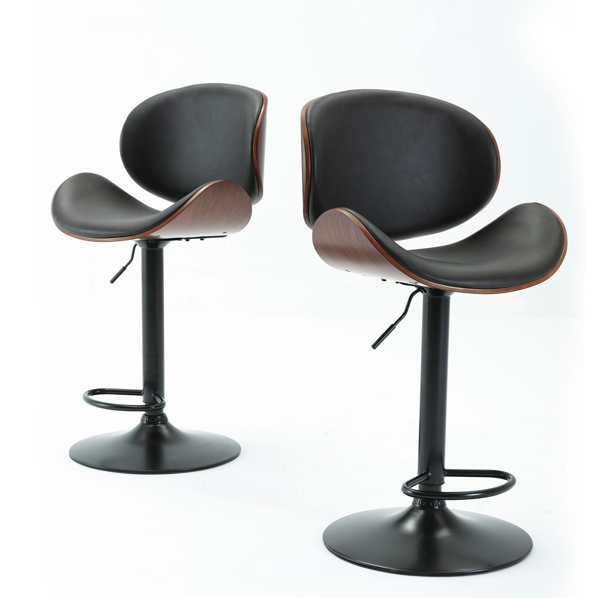 

Set of 2 Black PU Leather Leisure Swivel Bar Stool Bent Wood Bar Chair Height Adjustable Pneumatic Pub Chair
