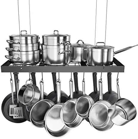 

Pot 34-Inch Hanging Pot for Kitchen Oval Pot and Pan Matte Black Pot Hanger with 20 S Hooks (For 16" and 24" Stud Mou