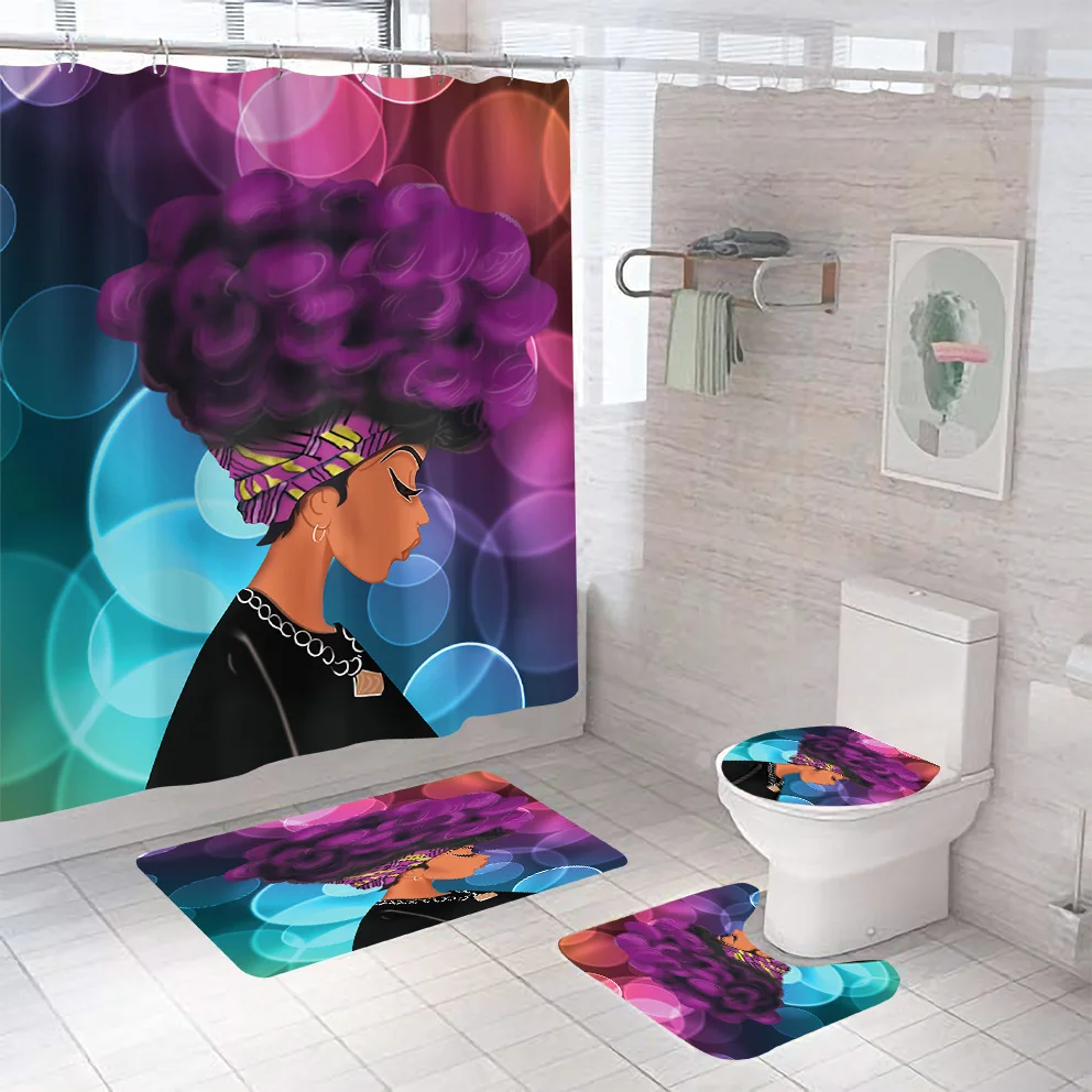 Черная волшебная девушка афроамериканская душевая комната с ковриками включает