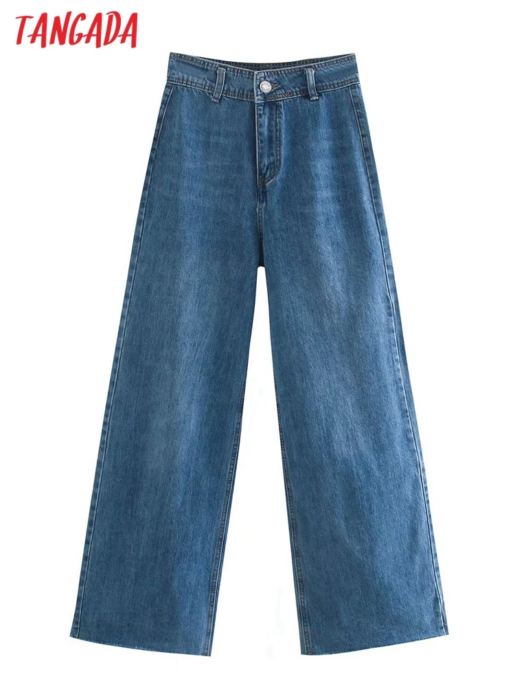 

Tangada 2022 Autumn Women Blue Wide Leg Jeans Pants Trousers High Waist Pockets Buttons Female Pants 4M238