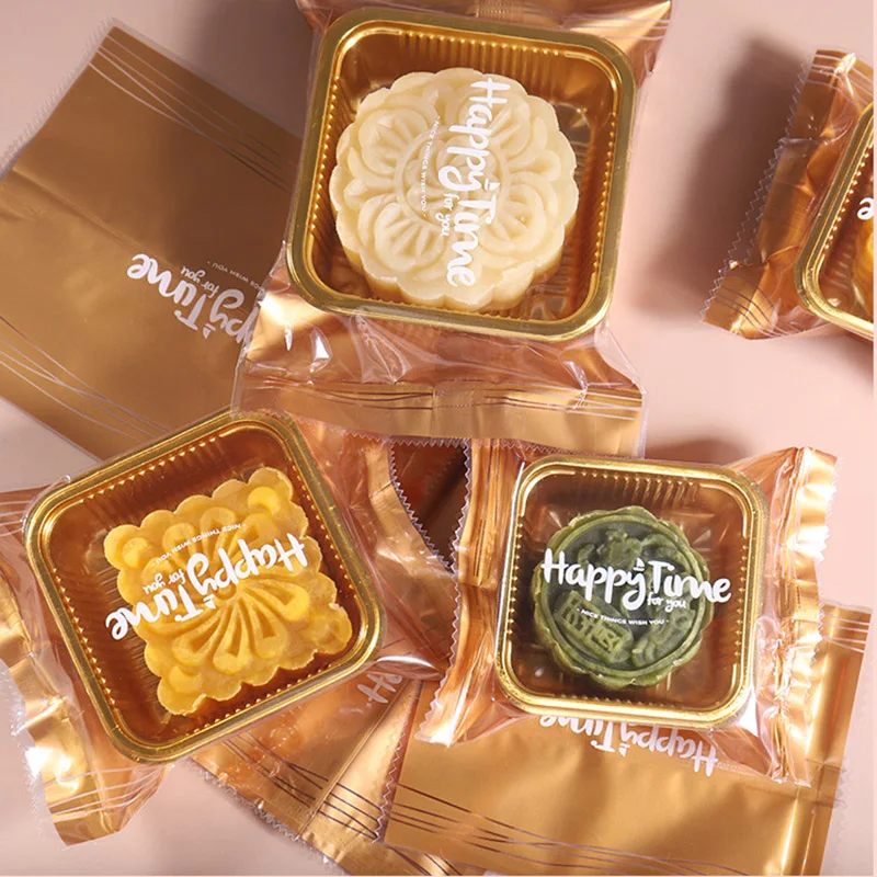 

100pcs Happy Time Mooncake Packaging Bags Handmade Egg-Yolk Crisp Biscuit Cookie Bag Dessert Baking Moon Cake Plastic Box Tray