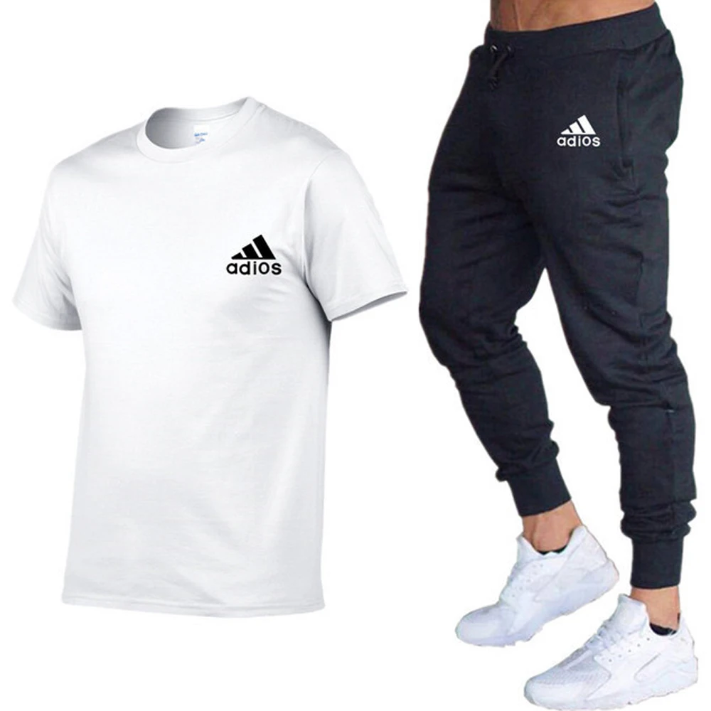Men's Tracksuit Man Casual Fitness Short Sleeve Sport Pants Suit Cotton T-Shirt+Trousers Two Pieces Sets High-quality Sportswear