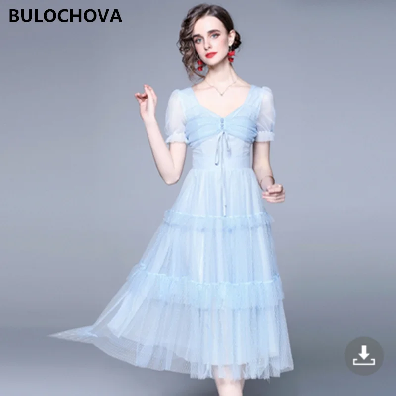 

BULOCHOVA Summer Designer Elegant Sweet Mesh Holiday Long Dress High Quality Women V Neck Short Sleeve Princess Casual Vestidos