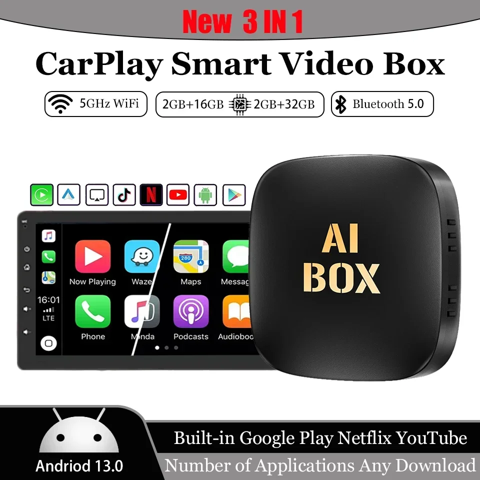 Новый CarPlay Mini Ai Box 2+32 ГБ Android13 Поддержка Netflix YouTube Google Play Wireless Carply Android Auto 3in1 для 98%