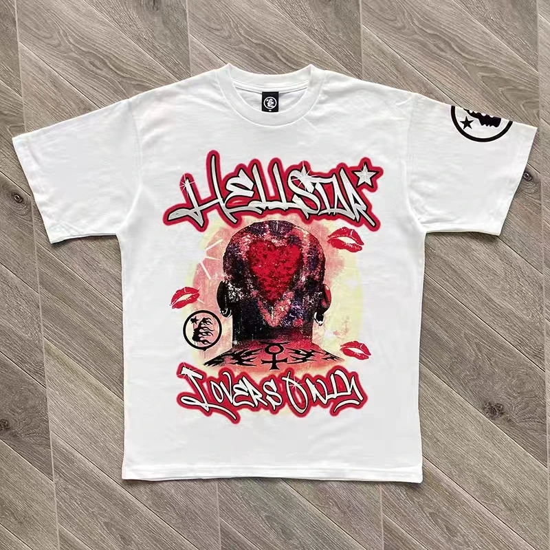 

Hellstar T-shirt American High Street Portrait Flame Heart Letter Print High Quality Men Women Short Sleeve Top Tee Real Photo