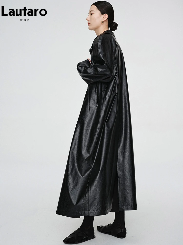 Lautaro Осень Длинный Оверсайз Светло-Зеленый Pu Кожаный Тренч Для Женщин с Рукавом