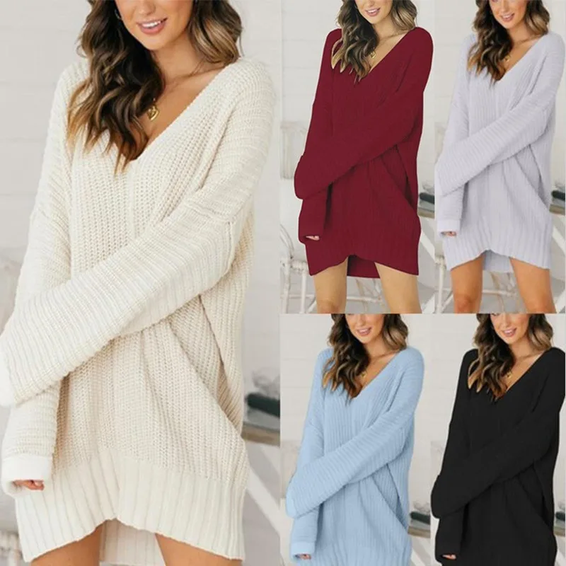 

2023 European and American Sweater V-neck Mid length Dress Knitted Women's Wear