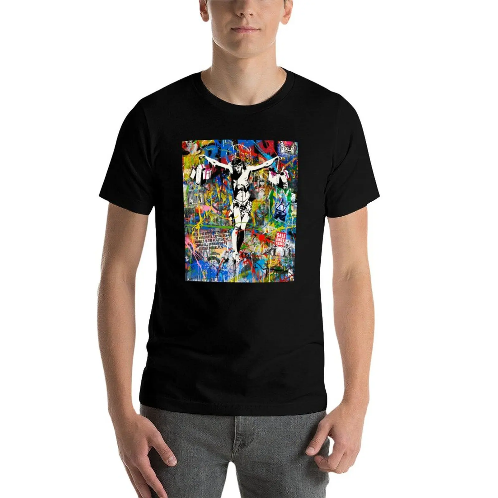 Фото Футболка Banksy Shopping Jesus Pop Street Art Mashup, футболки с аниме, большие футболки с рисунком для мужчин, футболка №5
