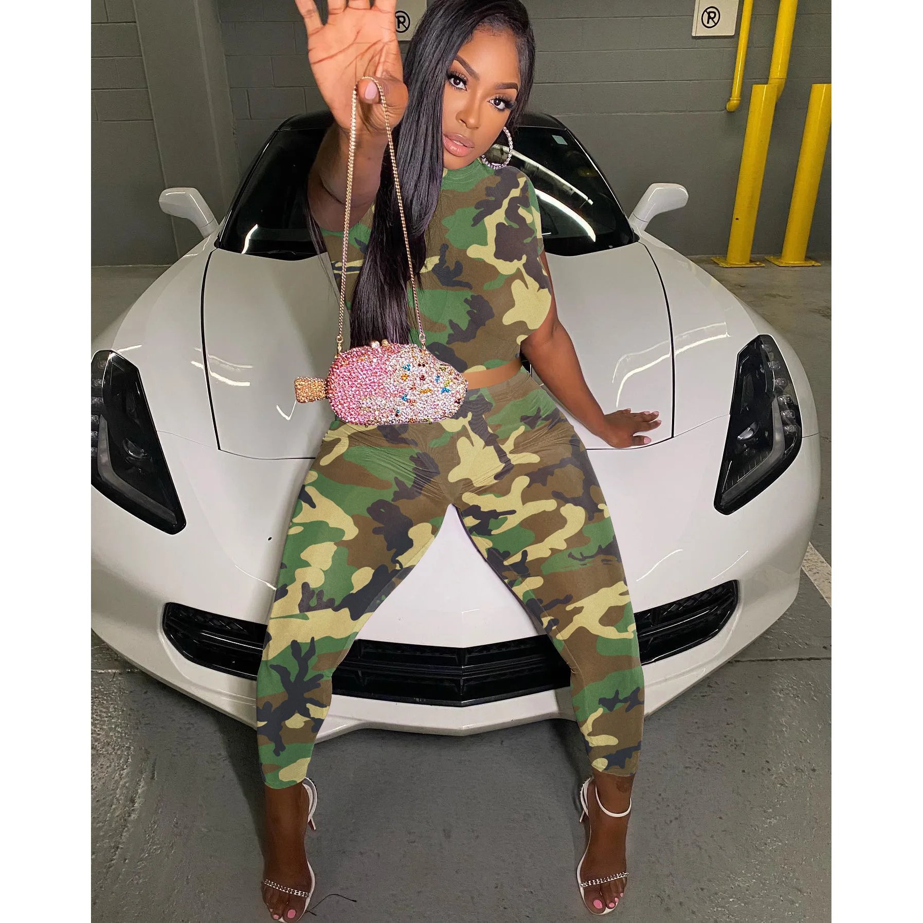 

Summer Short Sleeves+Long Leggings Camouflage Prints Streetwear Fashion Mesh Two Peice Set for Tracksuit Women Matching Sets
