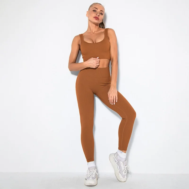 New 2023 Seamless Women Solid  Yoga Set Female Short Sleeveless Sports Bra Long Fitness Pants High Waist Leggings Sports Suits