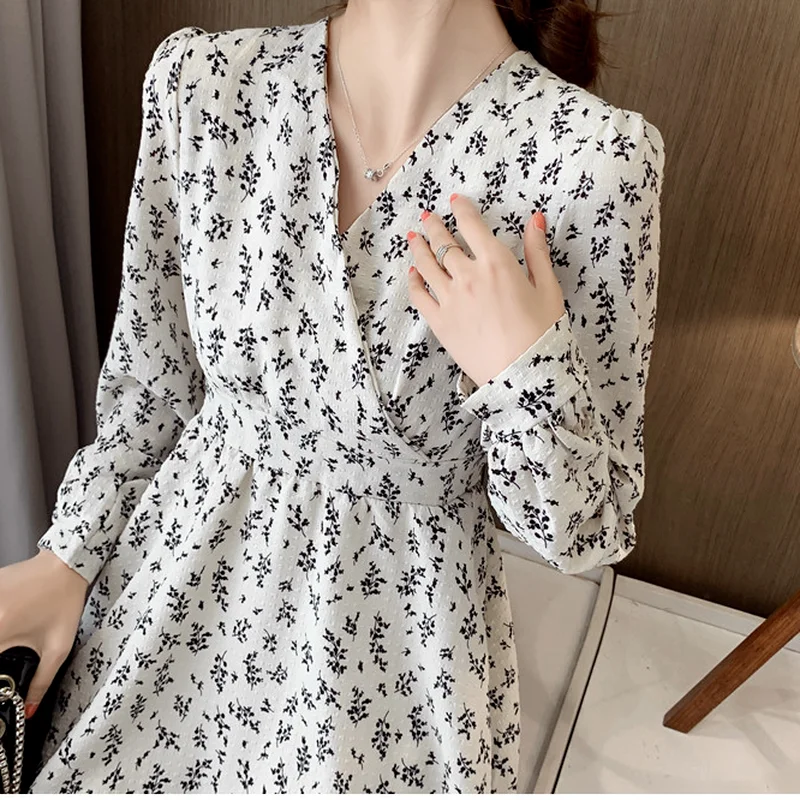 

Spring Dress Women Print V-neck Feminine Korean Style Elegant Leisure College All-match Trendy Ins Soft Design Chic Vestido New