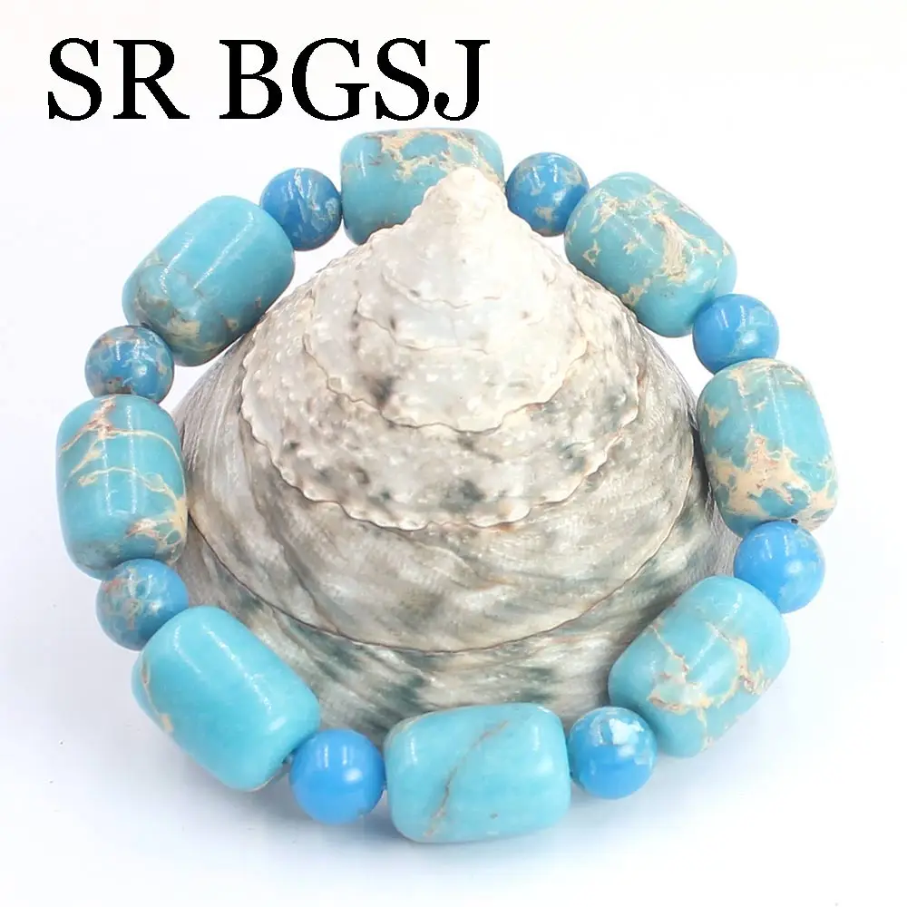 

10mm 12x16mm Blue Sea Sediment Jaspers Beaded Lady Jewelry Round Stone Men Bangle Bracelet 7"