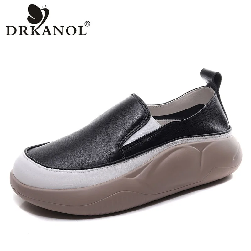 

DRKANOL Fashion Women Sneakers Genuine Cow Leather Slip On Flat Platform Shoes Women College Style Mixed Colors Casual Sneakers