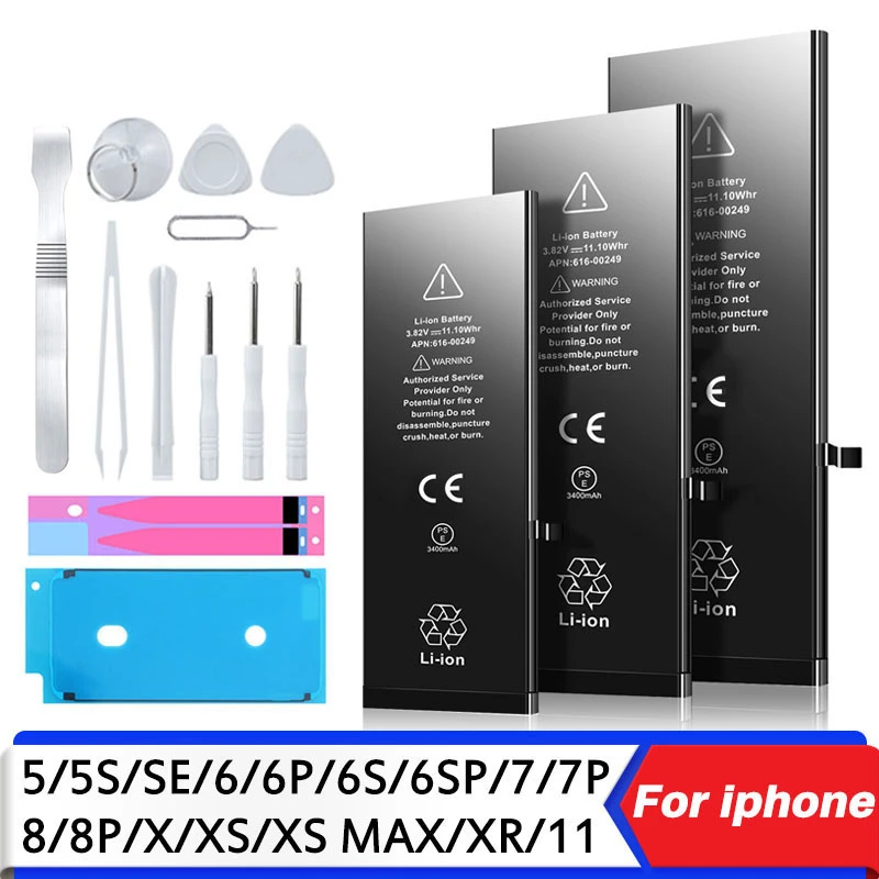 

2023 Zero-cycle High-quality Battery for IPhone 5 6 6S 5S SE 7 8 Plus X Xs Max 11 Pro Mobile Phone with Free Tools Sticker