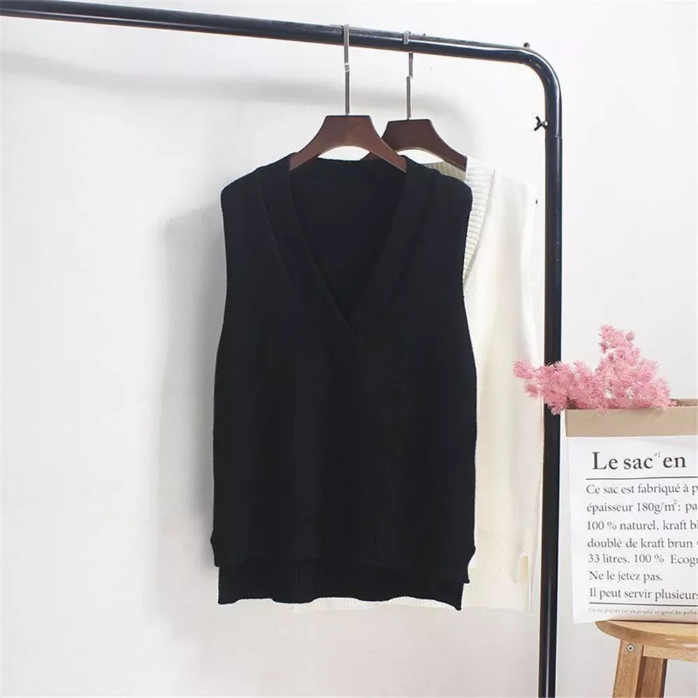 

Новинка 2022, корейские женские свитера, вязаный жилет, женский свитер, осенне-зимняя Свободная трикотажная одежда без рукавов, Женский Зимни...